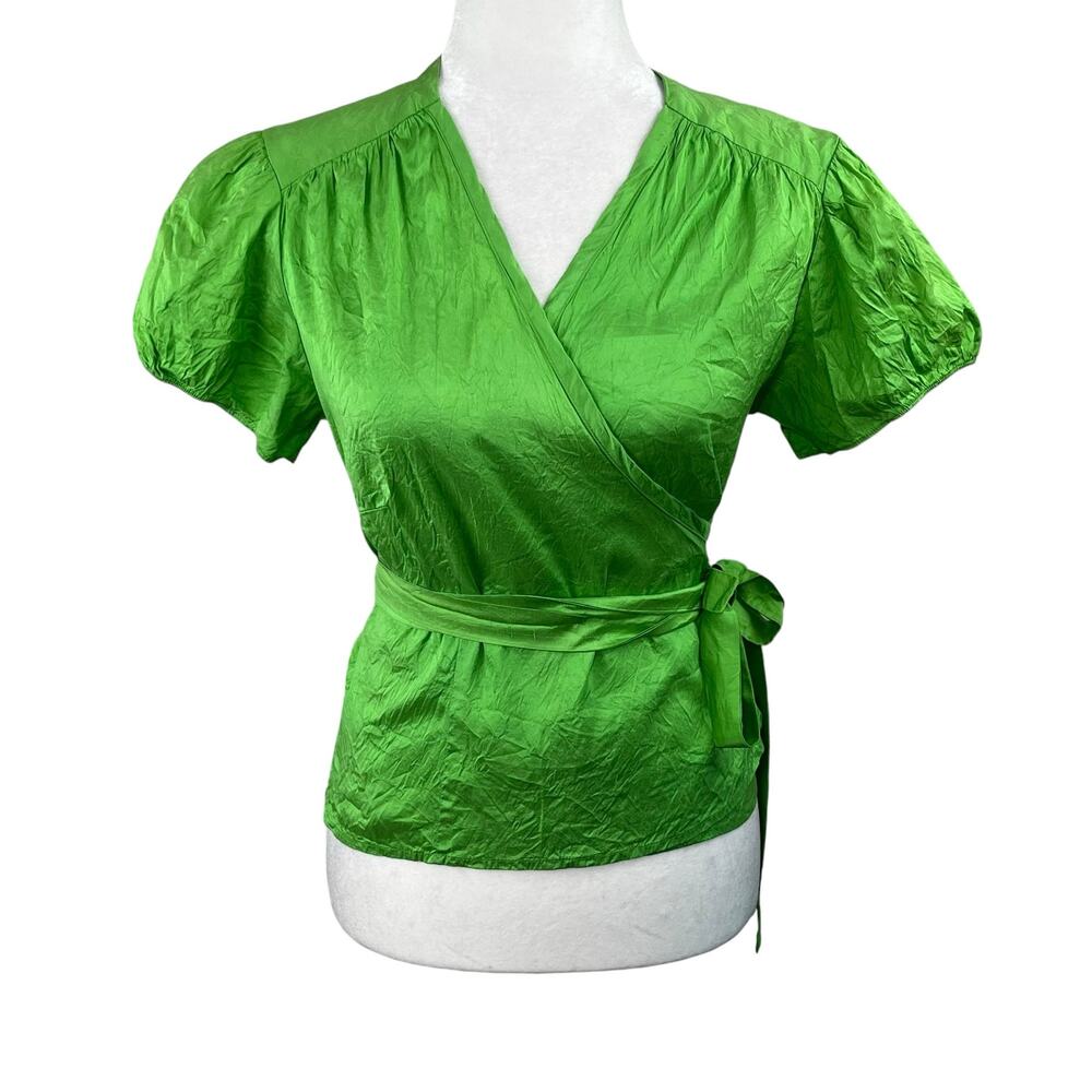 Vintage Y2K Calypso Christiane Celle Green Silk Wrap Blouse Puff Sleeve Medium
